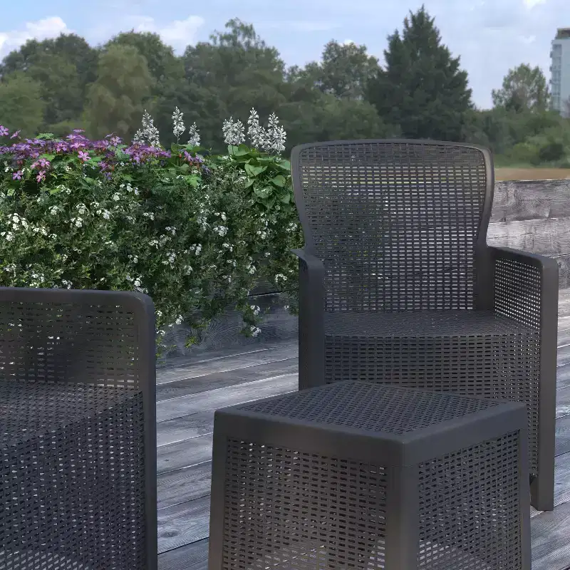 Merrick Lane Salon de jardin 3 pièces en rotin synthétique et résine, fauteuils de relaxation et table d'appoint, gris foncé