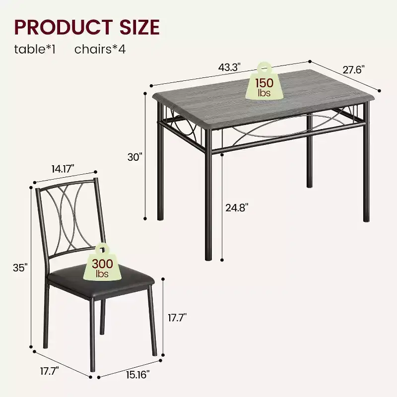 Ensemble Table et Chaises de Salle à Manger pour 4 Personnes, Table à Manger Rectangulaire avec 4 Chaises Rembourrées pour Petits Espaces, Appartement, Petit Déjeuner