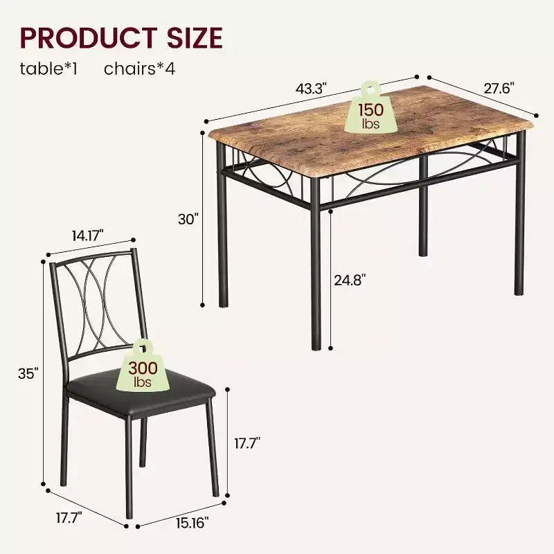 Ensemble Table et Chaises de Salle à Manger pour 4 Personnes, Table à Manger Rectangulaire avec 4 Chaises Rembourrées pour Petits Espaces, Appartement, Petit Déjeuner