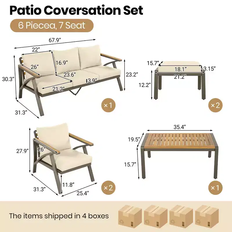 Ensemble de canapé d'angle 6 pièces Whisen pour patio, salon de jardin avec canapé 3 places, 2 fauteuils, 2 poufs, table basse