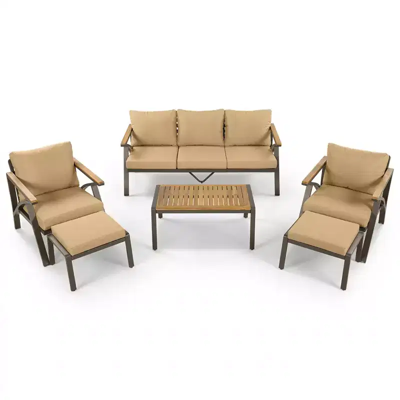 Ensemble de canapé d'angle 6 pièces Whisen pour patio, salon de jardin avec canapé 3 places, 2 fauteuils, 2 poufs, table basse