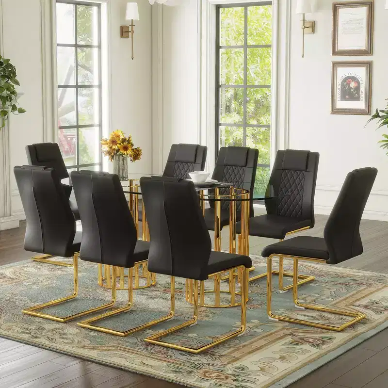 Ensemble de salle à manger GDFStudio Arvion 8 personnes en verre et métal avec chaises rembourrées en similicuir