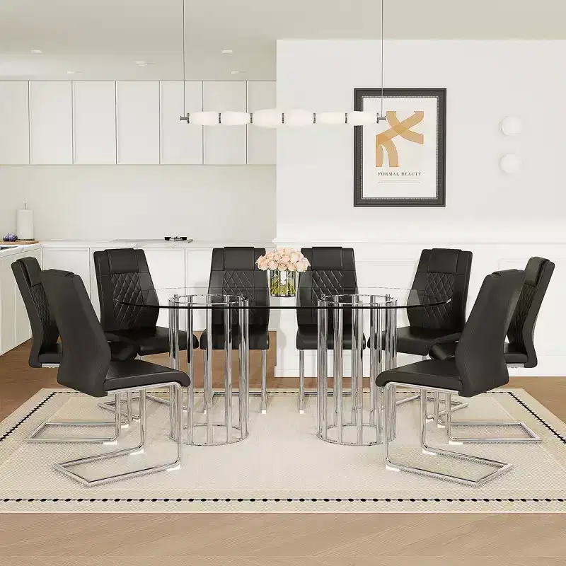 Ensemble de salle à manger GDFStudio Arvion 8 personnes en verre et métal avec chaises rembourrées en similicuir
