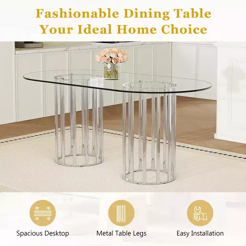 Ensemble de salle à manger GDFStudio Arvion 8 personnes en verre et métal avec chaises rembourrées en similicuir