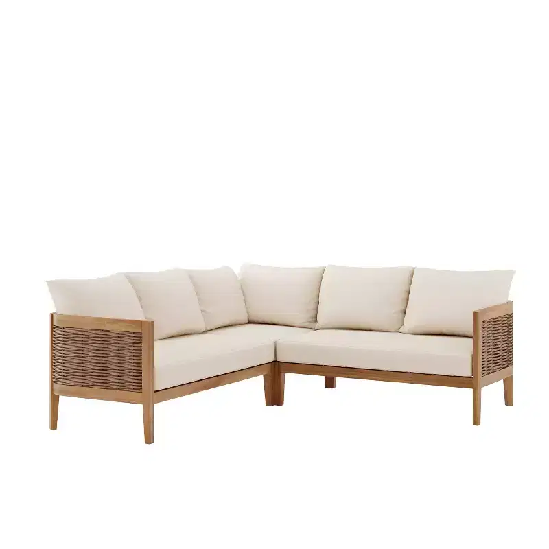 Ensemble de canapé d'angle 5 places d'extérieur GDFStudio Hiland en bois d'acacia et osier rond avec coussins, teck/beige