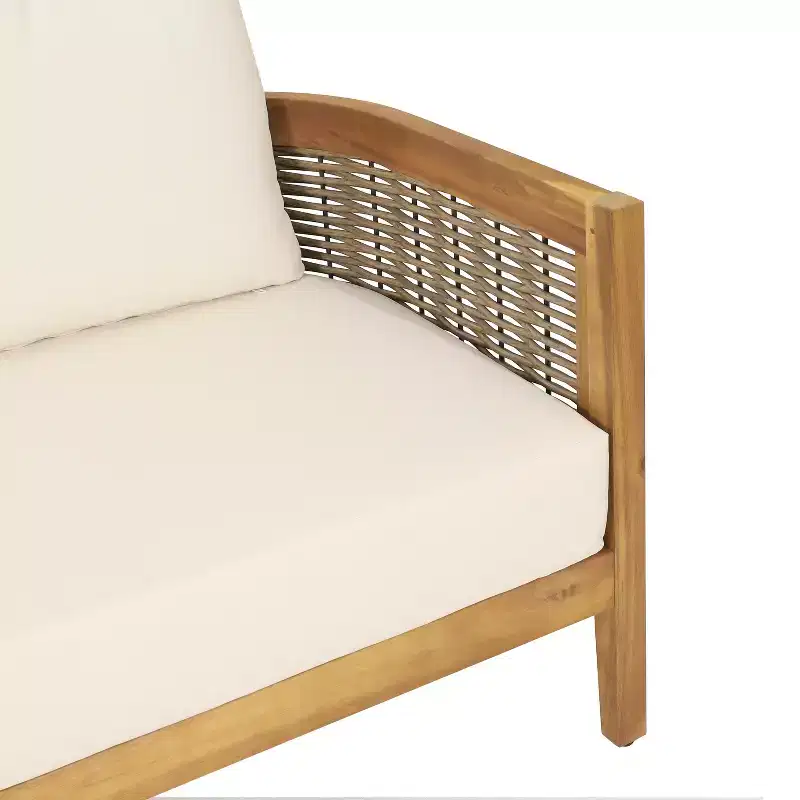 Ensemble de canapé d'angle 5 places d'extérieur GDFStudio Hiland en bois d'acacia et osier rond avec coussins, teck/beige