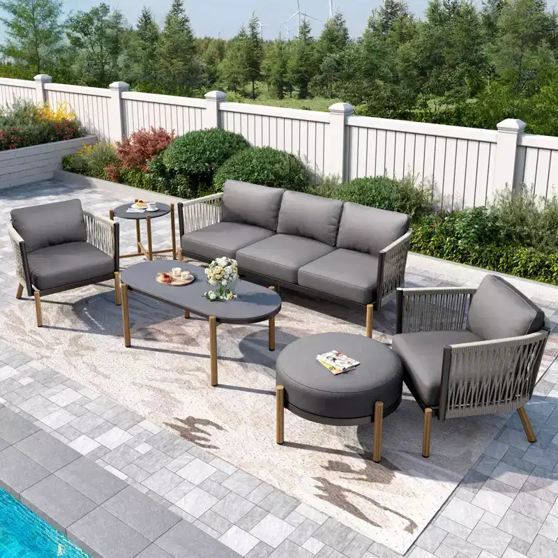 Captiva Designs Ensemble de conversation de canapé d'extérieur moderne en corde tressée 6 pièces avec pouf