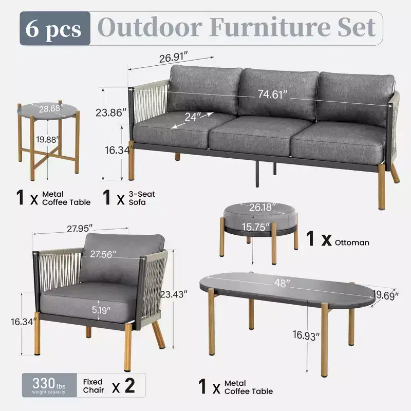 Captiva Designs Ensemble de conversation de canapé d'extérieur moderne en corde tressée 6 pièces avec pouf