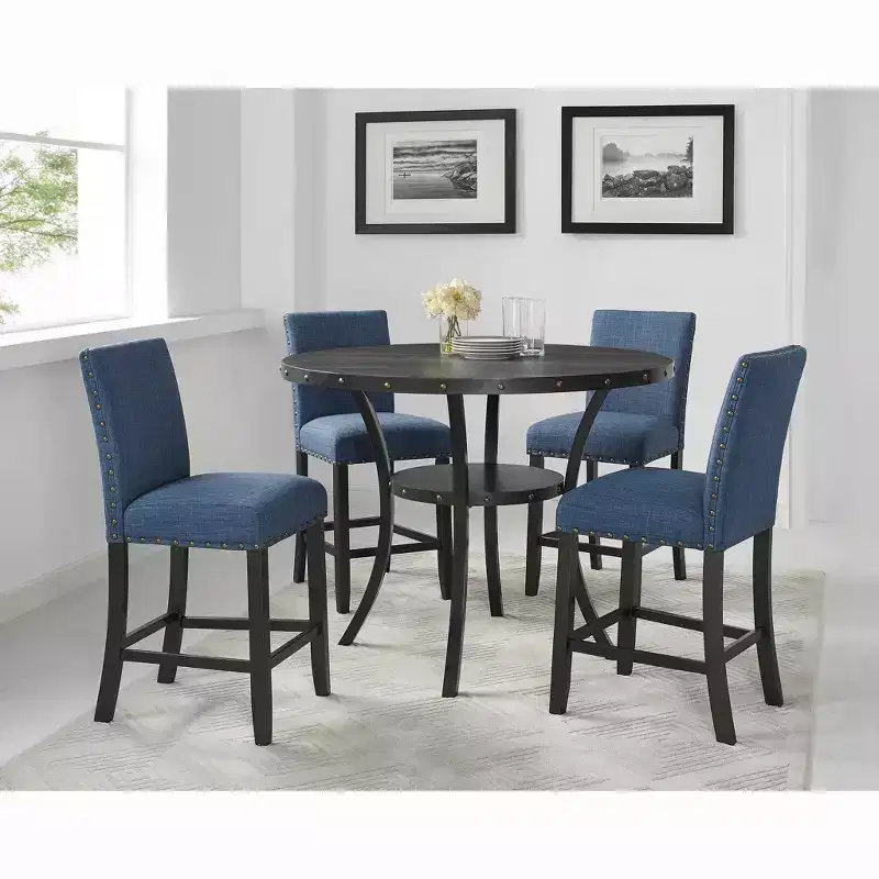 Ensemble de salle à manger Roundhill Furniture Biony en bois espresso à hauteur de comptoir avec tabourets à clous en tissu bleu