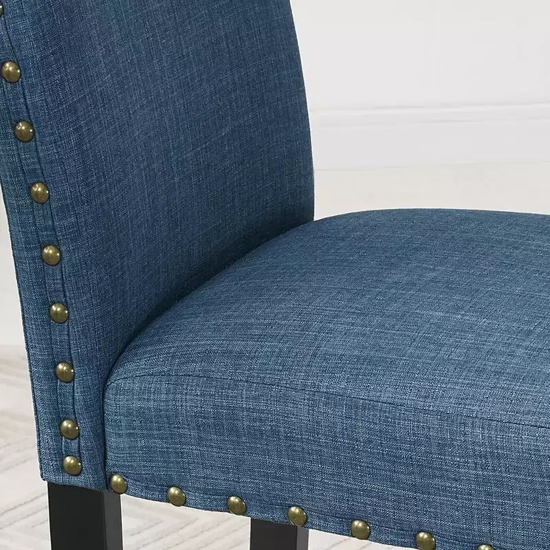 Ensemble de salle à manger Roundhill Furniture Biony en bois espresso à hauteur de comptoir avec tabourets à clous en tissu bleu