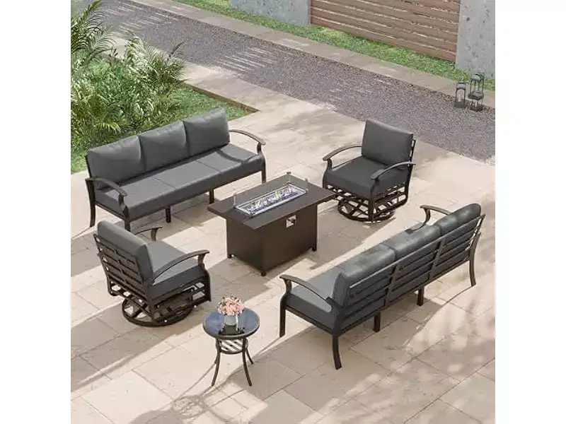 ALAULM Salon de Jardin 8 Places en Aluminium - Mobilier d'Extérieur Moderne en Métal avec Table de Foyer au Propane de 114 cm