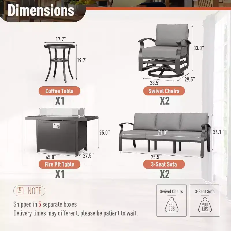 ALAULM Salon de Jardin 8 Places en Aluminium - Mobilier d'Extérieur Moderne en Métal avec Table de Foyer au Propane de 114 cm