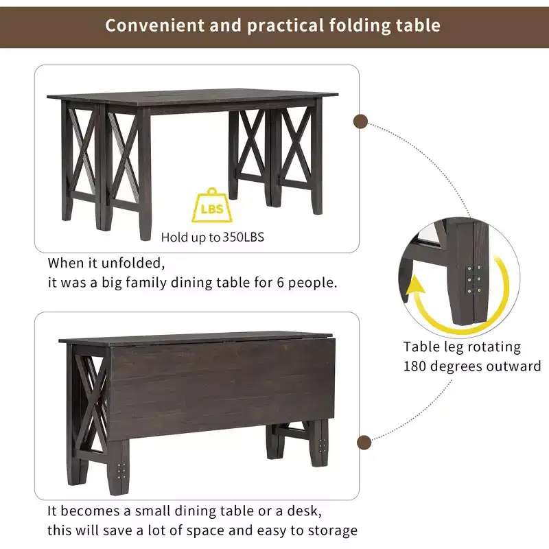 Ensemble de salle à manger pliable Whisen 6 pièces avec 4 chaises et un banc
