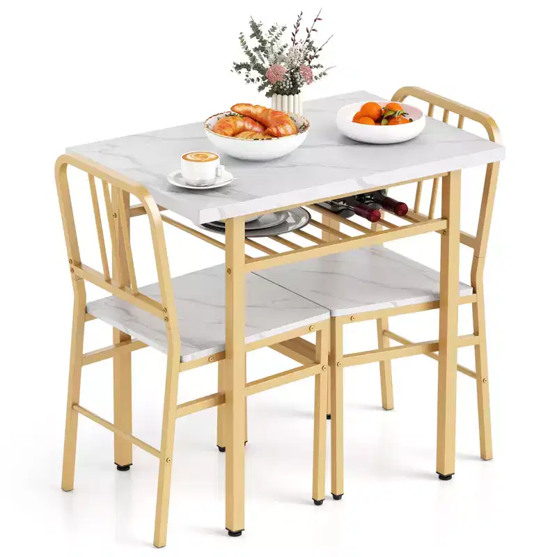 Costway Ensemble Table à Manger Rectangulaire 3 Pièces et Chaises Coin Repas en Bois avec Étagère de Rangement