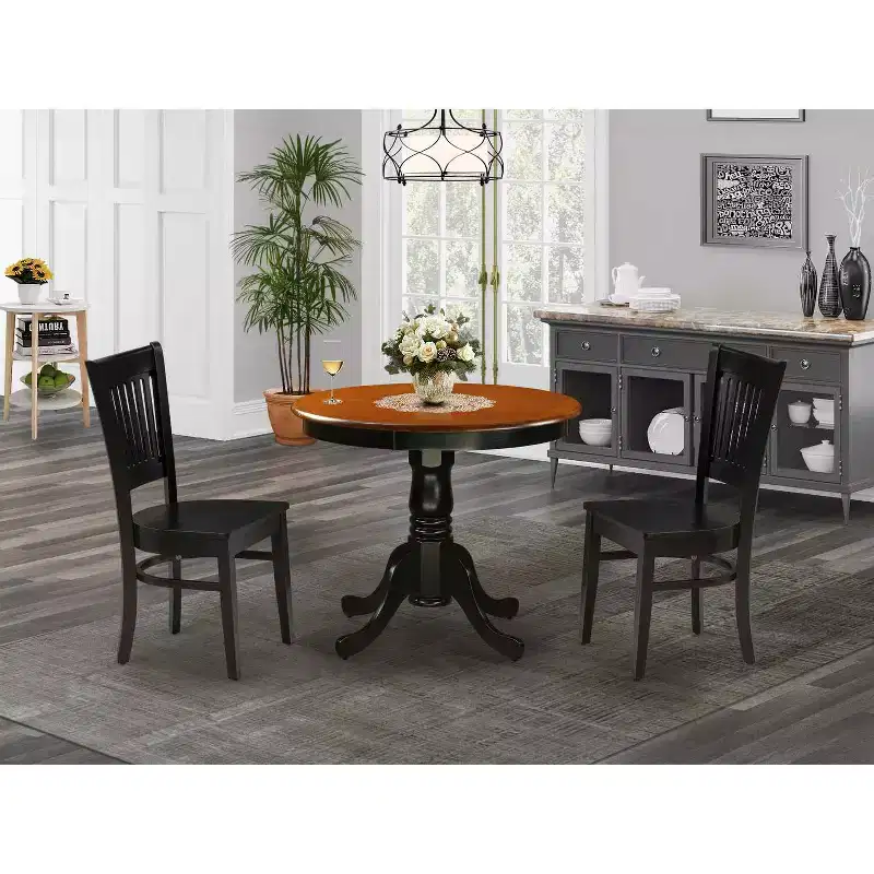 Ensemble de salle à manger 3 pièces HomeStock Belmont – 2 chaises de cuisine et une table de salle à manger moderne – Siège en bois et dossier à lattes – Finition noire