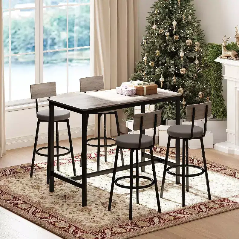 Ensemble de salle à manger Zevemomo pour 4, ensemble de table de bar 5 pièces, table haute de hauteur de comptoir avec 4 tabourets rembourrés en PU, pour petit espace, gris