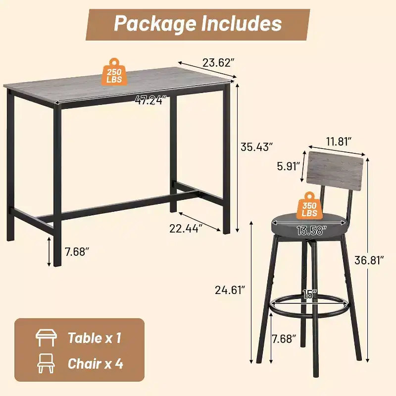 Ensemble de salle à manger Zevemomo pour 4, ensemble de table de bar 5 pièces, table haute de hauteur de comptoir avec 4 tabourets rembourrés en PU, pour petit espace, gris