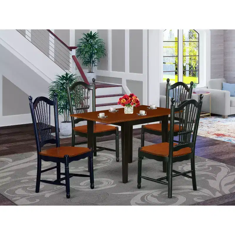 Ensemble de salle à manger Belmont HomeStock 5 pièces – 4 chaises en bois, une élégante table à manger en bois – Siège de chaise en bois finition cerisier – Structure en bois finition noire
