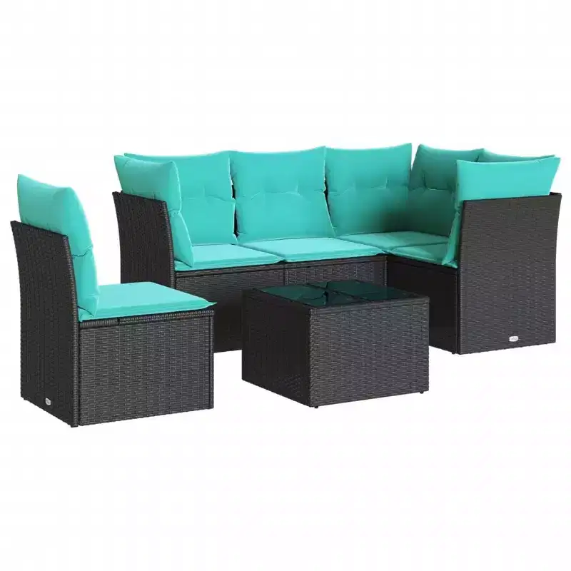 vidaXL Salon de jardin 6 pcs avec coussins résine tressée - Noir et bleu avec table