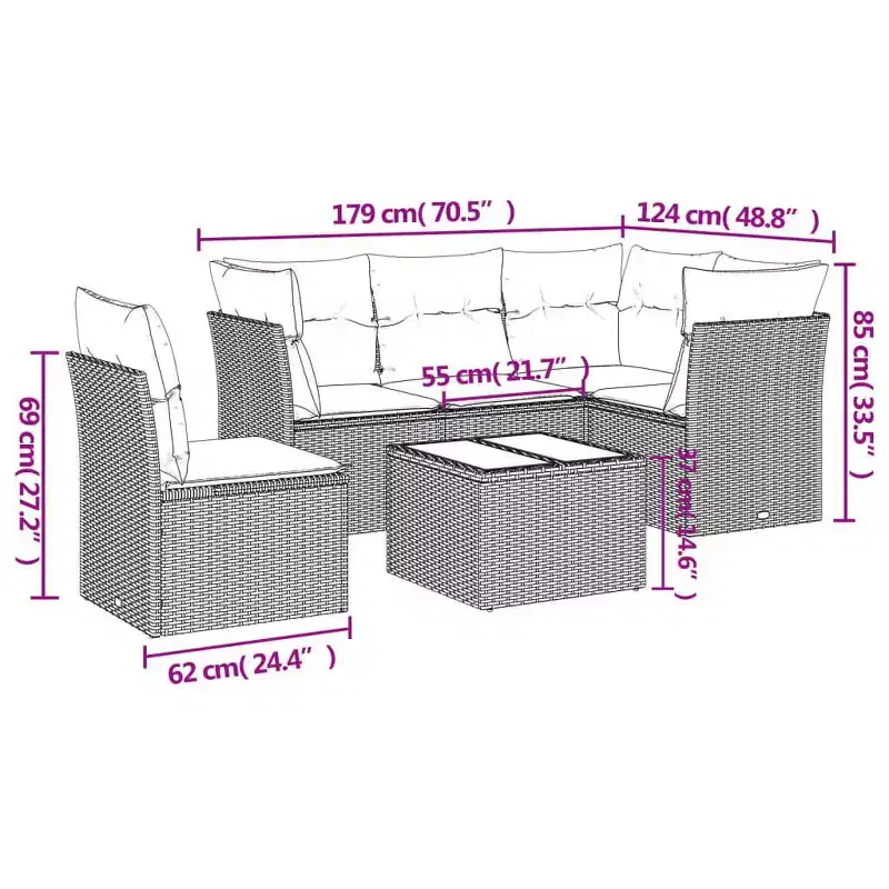 vidaXL Salon de jardin 6 pcs avec coussins résine tressée - Noir et bleu avec table