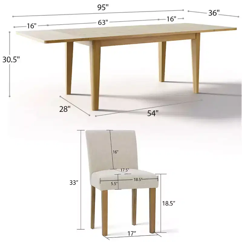 Ensemble de salle à manger extensible pour 8, table rectangulaire avec rallonges amovibles et chaises en lin sans accoudoirs, avec pieds en bois massif-Panipeachy