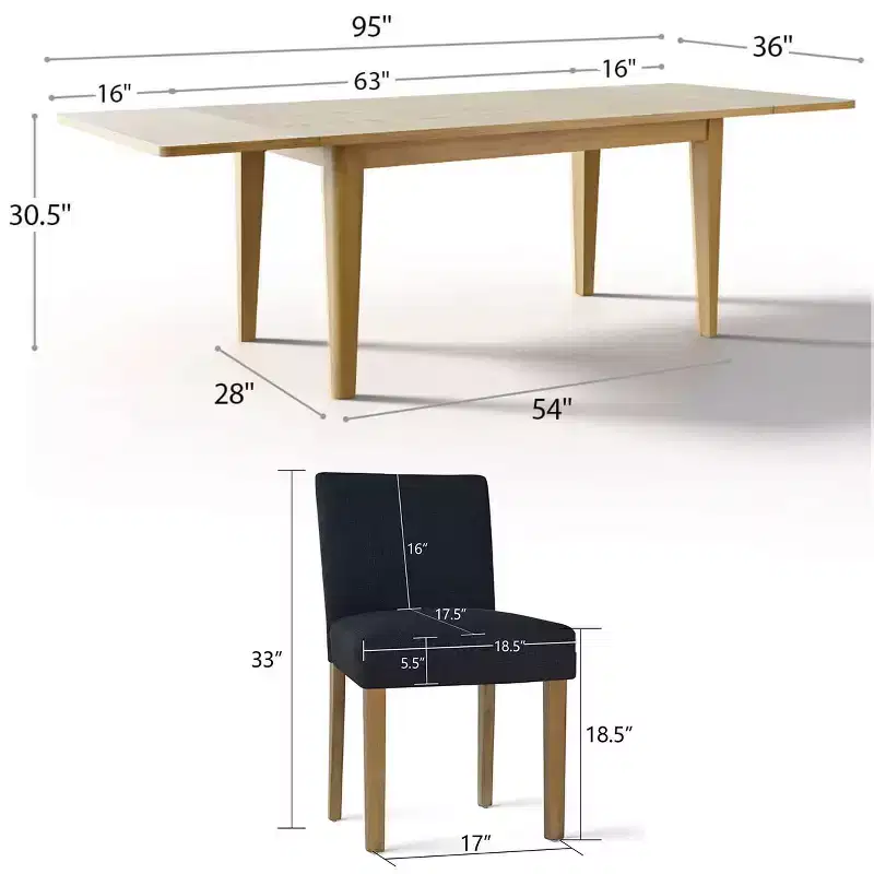 Ensemble de salle à manger extensible pour 8, table rectangulaire avec rallonges amovibles et chaises en lin sans accoudoirs, avec pieds en bois massif-Panipeachy