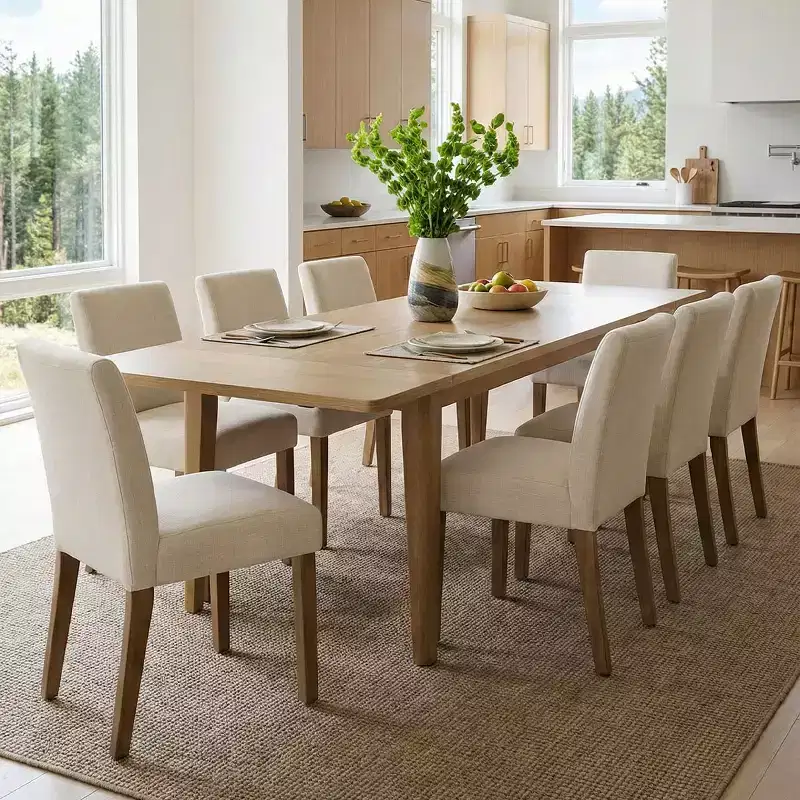 Ensemble de salle à manger extensible pour 8, table rectangulaire avec rallonges amovibles et chaises en lin sans accoudoirs, avec pieds en bois massif-Panipeachy