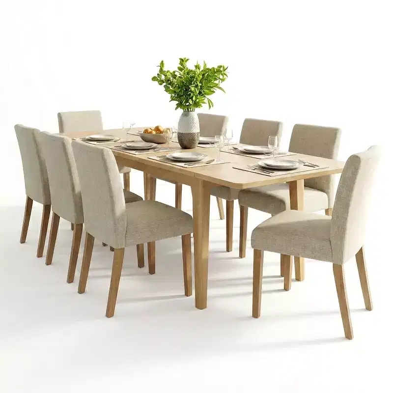 Ensemble de salle à manger extensible pour 8, table rectangulaire avec rallonges amovibles et chaises en lin sans accoudoirs, avec pieds en bois massif-Panipeachy