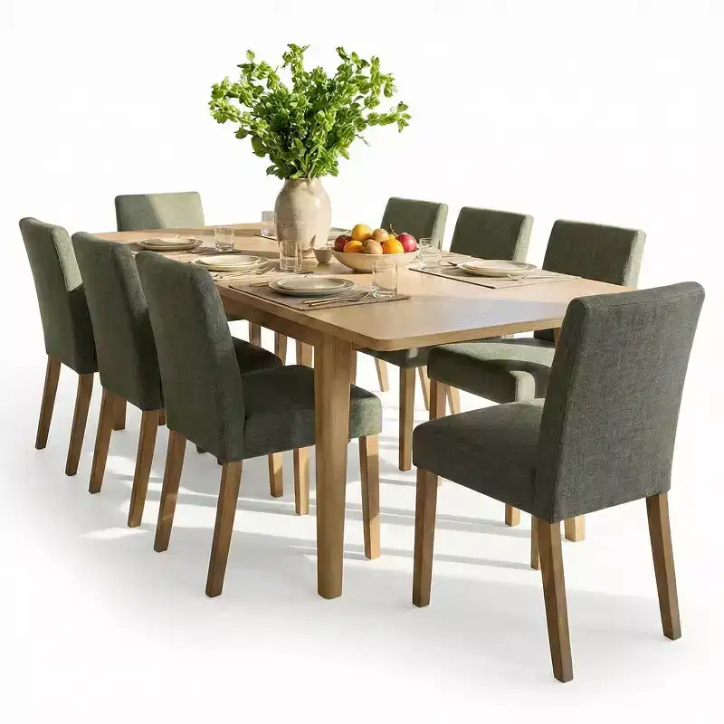Ensemble de salle à manger extensible pour 8, table rectangulaire avec rallonges amovibles et chaises en lin sans accoudoirs, avec pieds en bois massif-Panipeachy