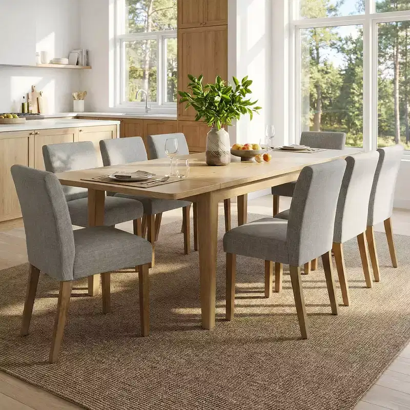 Ensemble de salle à manger extensible pour 8, table rectangulaire avec rallonges amovibles et chaises en lin sans accoudoirs, avec pieds en bois massif-Panipeachy