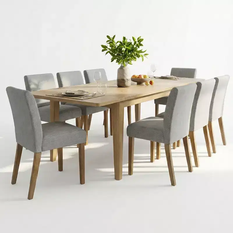 Ensemble de salle à manger extensible pour 8, table rectangulaire avec rallonges amovibles et chaises en lin sans accoudoirs, avec pieds en bois massif-Panipeachy