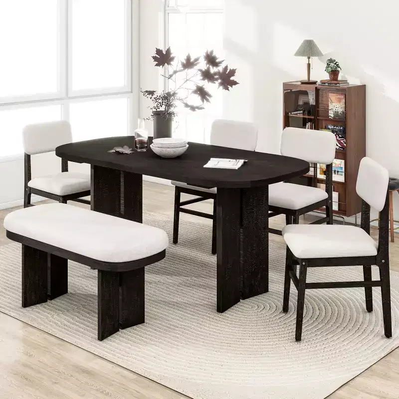 Ensemble table de salle à manger 6 pièces avec chaises rembourrées et banc, style rustique fermier, naturel/espresso-ModernLuxe