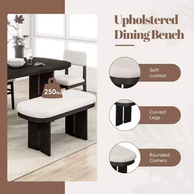 Ensemble table de salle à manger 6 pièces avec chaises rembourrées et banc, style rustique fermier, naturel/espresso-ModernLuxe