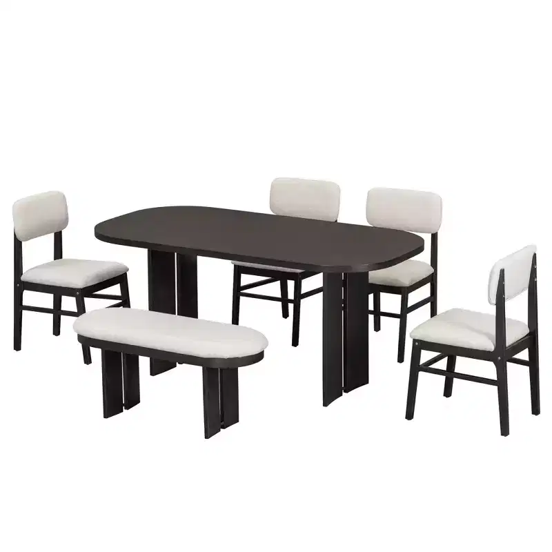 Ensemble table de salle à manger 6 pièces avec chaises rembourrées et banc, style rustique fermier, naturel/espresso-ModernLuxe