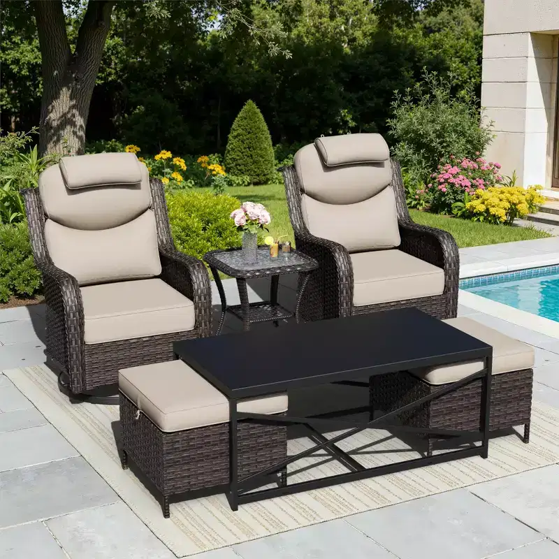 Ensemble de chaises pivotantes et berçantes d'extérieur UPTIOT avec poufs convertibles et table basse pour la détente sur la terrasse
