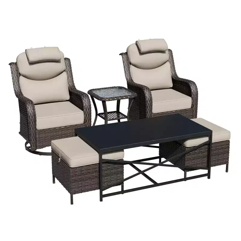 Ensemble de chaises pivotantes et berçantes d'extérieur UPTIOT avec poufs convertibles et table basse pour la détente sur la terrasse