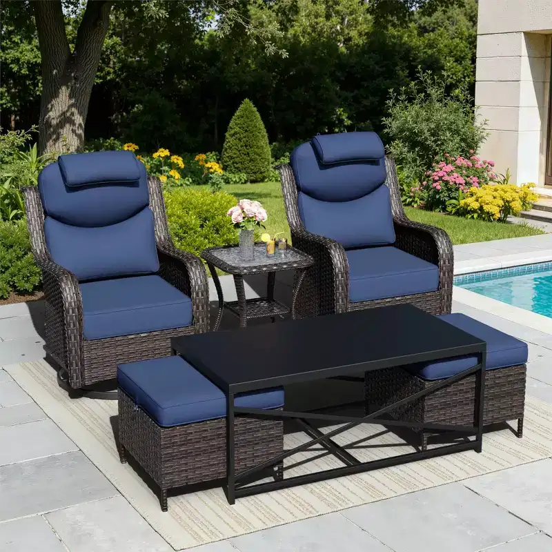 Ensemble de chaises pivotantes et berçantes d'extérieur UPTIOT avec poufs convertibles et table basse pour la détente sur la terrasse