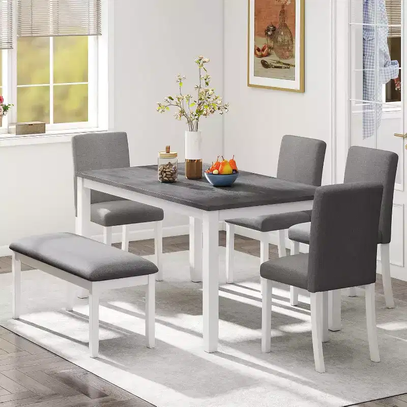 Ensemble de 6 pièces table de salle à manger Zevemomo en bois avec chaises rembourrées et banc pour salle à manger, cuisine, restaurant, gris et blanc