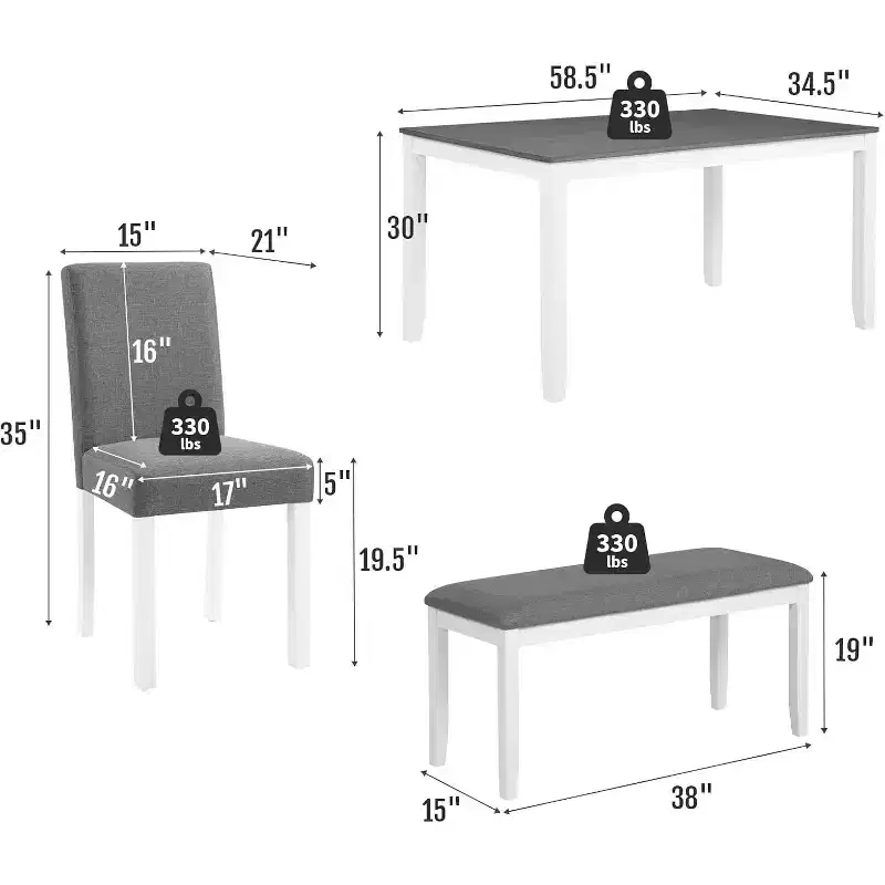 Ensemble de 6 pièces table de salle à manger Zevemomo en bois avec chaises rembourrées et banc pour salle à manger, cuisine, restaurant, gris et blanc