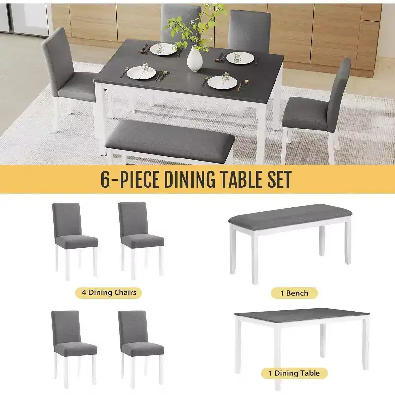 Ensemble de 6 pièces table de salle à manger Zevemomo en bois avec chaises rembourrées et banc pour salle à manger, cuisine, restaurant, gris et blanc