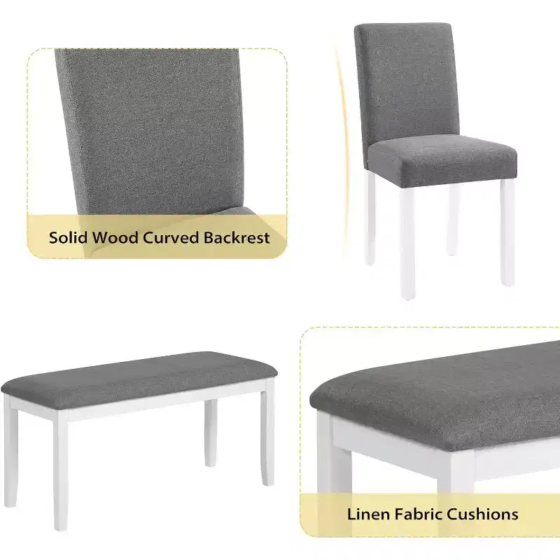 Ensemble de 6 pièces table de salle à manger Zevemomo en bois avec chaises rembourrées et banc pour salle à manger, cuisine, restaurant, gris et blanc