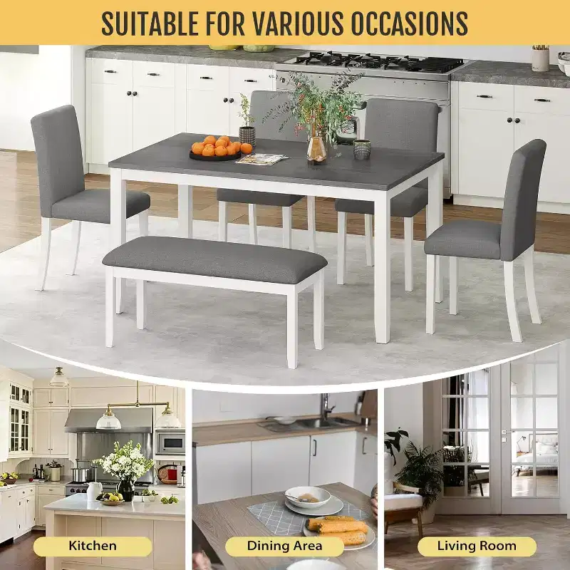Ensemble de 6 pièces table de salle à manger Zevemomo en bois avec chaises rembourrées et banc pour salle à manger, cuisine, restaurant, gris et blanc
