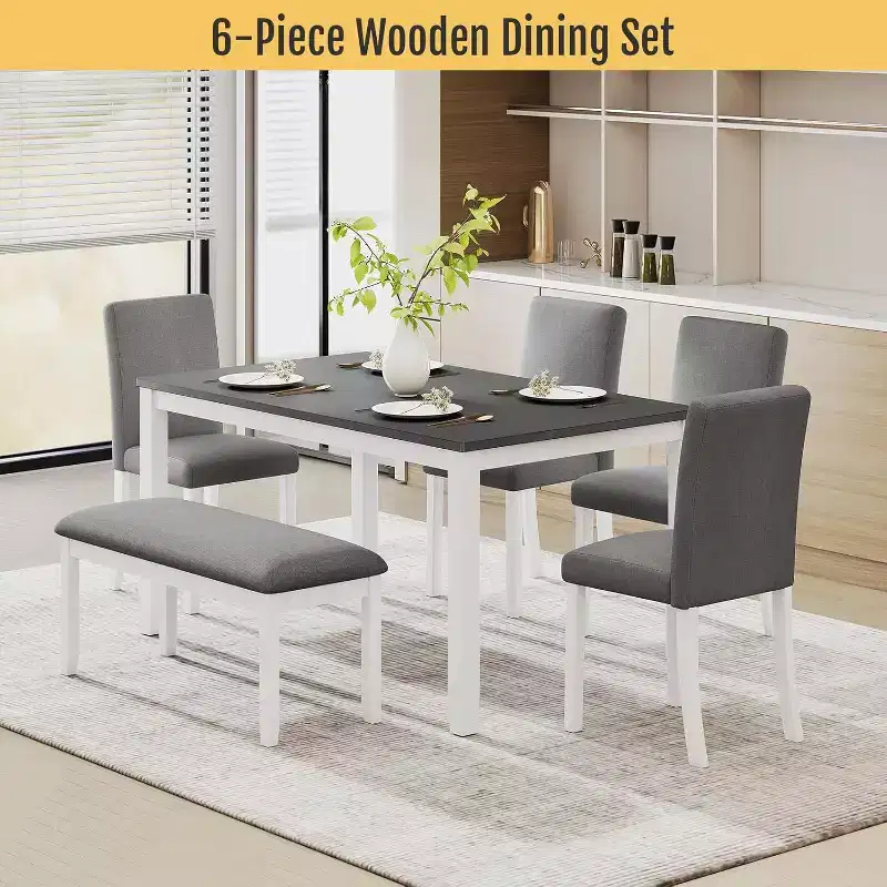 Ensemble de 6 pièces table de salle à manger Zevemomo en bois avec chaises rembourrées et banc pour salle à manger, cuisine, restaurant, gris et blanc