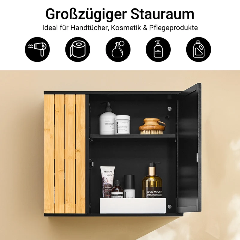 SoBuy | Badezimmerschrank hängend | mit Spiegel und seitlichen Fächern | 50x20x45cm | Schwarz | BZR204-SCH