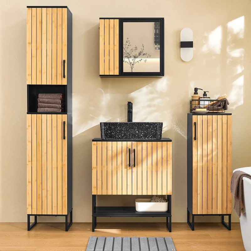 SoBuy | Badezimmerschrank hängend | mit Spiegel und seitlichen Fächern | 50x20x45cm | Schwarz | BZR204-SCH