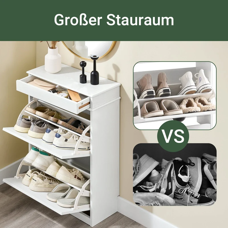 SoBuy | Schuhschrank Schmal | mit 2 Klappen | Schmaler Schuhkipper | Weiß Vintage | FSR78-WG