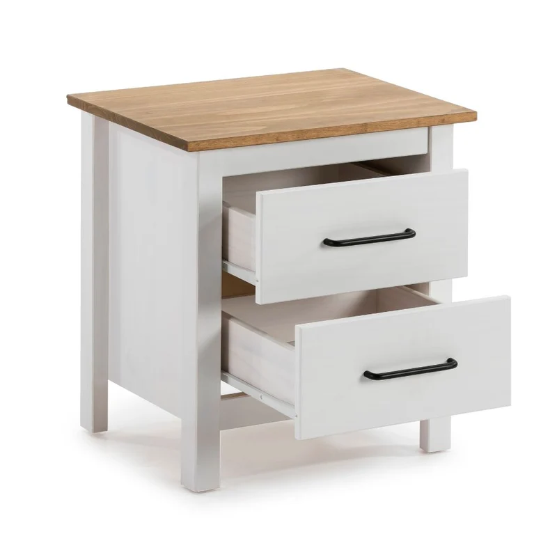 Comodino 2 cassetti in legno massiccio colore bianco e pino Miranda