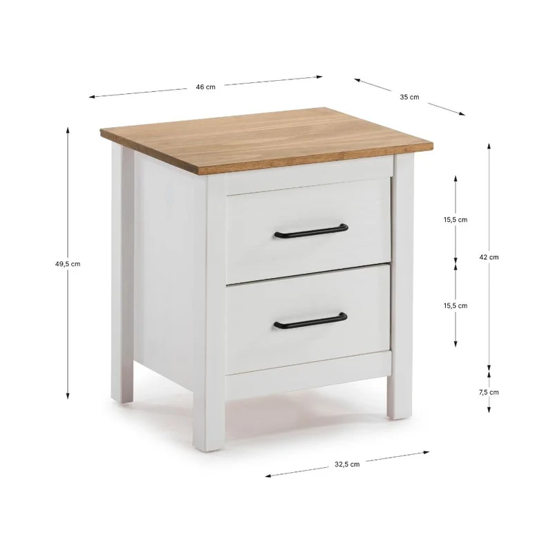 Comodino 2 cassetti in legno massiccio colore bianco e pino Miranda