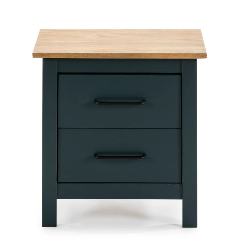 Comodino 2 cassetti in legno massiccio colore blu e pino Miranda