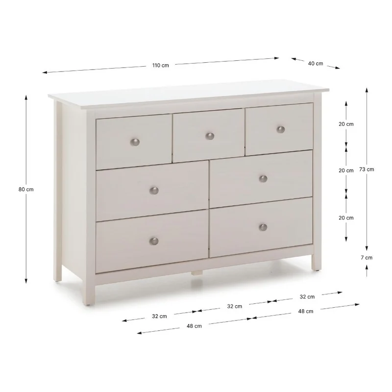 Cassettiera con 4 cassettoni e 3 cassetti in legno massiccio colore bianco Berna 110x40x80H